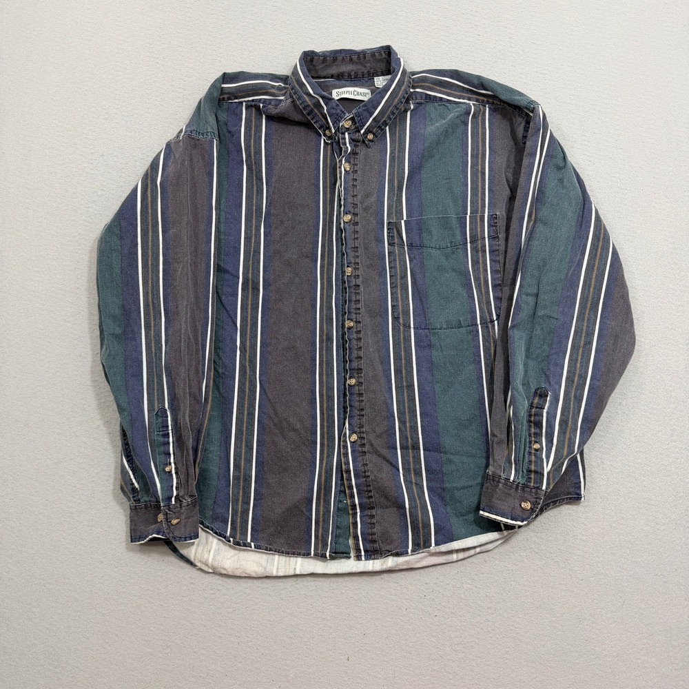 Vintage Steeple Chase Button Down Shirt Mens Large Multicolor Striped Preppy 90s